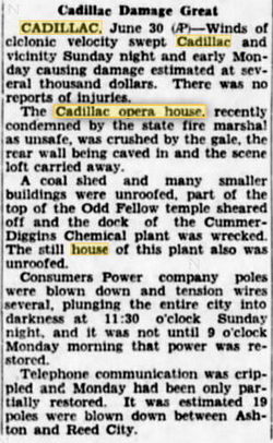 Cadillac Opera House - Article On Wind Damage June 1930